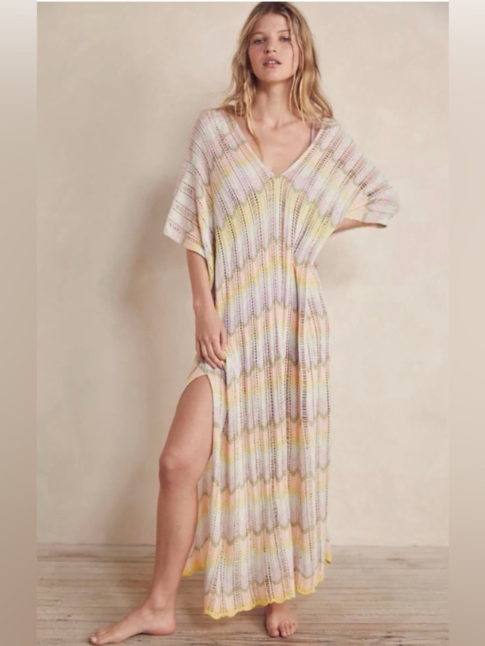 Free People Wave Crochet Knit Chevron Pattern Kaftan Coverup